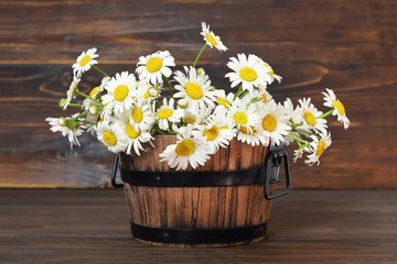 Wall Mural - Mothers Day card with daisy flowers in a wooden bucket