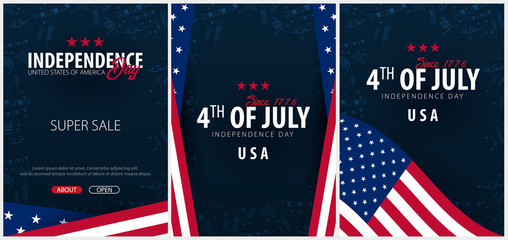 Set Posters of Fourth of July. 4th of July. Independence Day of the USA. Vector illustration