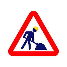 Under Construction Warning Sign. Vector Blue Stickman With Yellow Helmet Shoveling In Red Rectangle. 