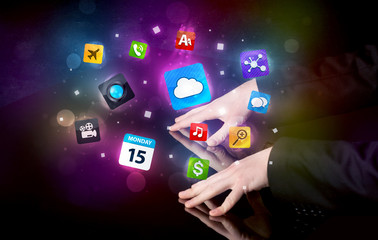 Poster - Male hands touching interactive table with colorful application icons on it 
