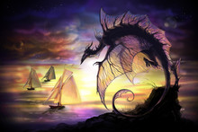 Cartoon Dragon And Sailing Vessel In Another World