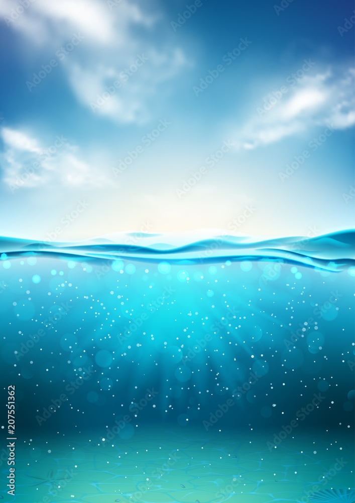 Sea landscape underwater space. Vector illustration with deep underwater ocean scene. Background with realistic clouds horizon water surface. - obrazy, fototapety, plakaty 
