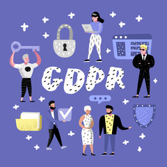 Poster - general data protection regulation concept with characters. gdpr principles for the processing of pe