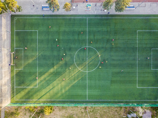 top down two soccer teams practice outside on a 2018 football world cup championship in russia