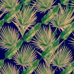  Modern Cool Banana, Fan Leaves Textile, Seamless Tropical Watercolor Pattern. Botanical Grunge Textile Design Jungle Hipster Summer Background. Hand Drawn Jungle Leaves, Tropical Watercolour Pattern.