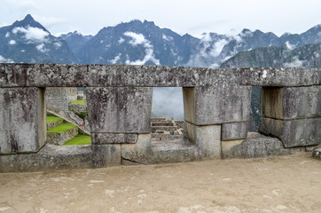 The Temple of the Three windows at Machu Picchu, an ancient Inca archaeological site near Cusco, Peru