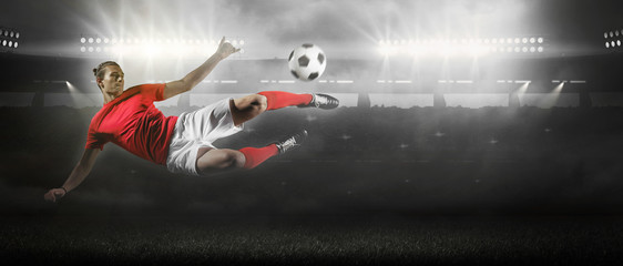 Wall Mural - Soccer player in action on stadium background.