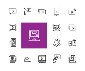 Poster - Screen icons. Set of  line icons. Player window, mobile phone, laptop. Screen concept. Vector illustration can be used for topics like video content, digital technology, apps.