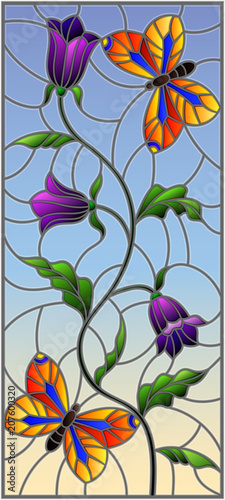Dekoracja na wymiar  ilustracja-w-stylu-witrazu-z-abstrakcyjnym-kreconym-fioletowym-kwiatem-i-pomaranczowym-motylem
