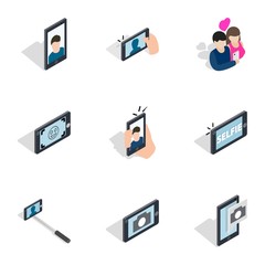 Wall Mural - Selfie with mobile phone icons set. Isometric 3d illustration of 9 selfie with mobile phone vector icons for web