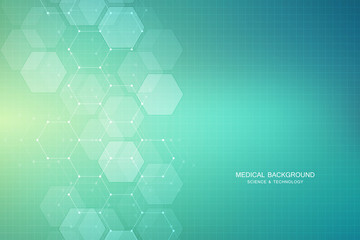 Hexagons design for medical, science and digital technology. Geometric abstract background with molecular structure and chemical compounds.