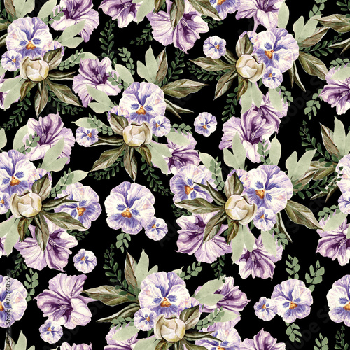 Beautiful watercolor pattern with peony and pansy flowers, lpetunia and leaves.
