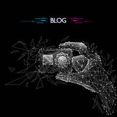 Poster - Abstract mash line and point vector action camera in hand origami on black background with an inscription. White line construction with distruction effect. With glitch title.