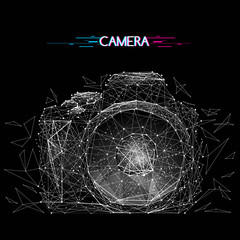 Aufkleber - Abstract vector image of camera with distruction effect. Low poly wire frame illustration white on black background. Lines and dots. Photo concept. Polygonal art. Glitch title.