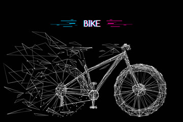 Canvas Print - Abstract mash line and point bicycle origami on white background with an inscription. Vector image of bike with distruction effect. Bicycle Low poly wire frame illustration. Glitch title.