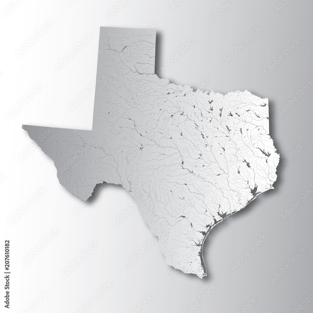 U.S. states - map of Texas with paper cut effect. Rivers and lakes are ...