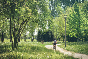 back view of man cycling in a park. Green nature with meadow in flower and trees
