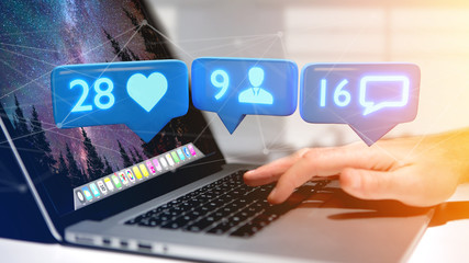 Poster - businessman holding a like, follower and message notification on social network - 3d render