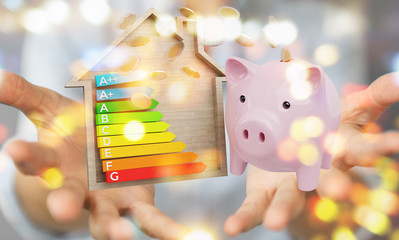 Wall Mural - businesswoman saving money with good energy chart rating 3d rendering