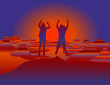 Friends with hands up jumping and having fun on the top of mountain at sunrise. Vector and raster format of illustration available. Grand Canyon National Park, Arizona, USA.