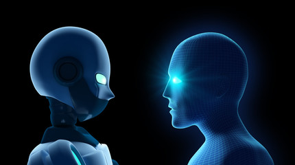 Fototapete - Human fights robot on black. Artificial intelligence in futuristic technology concept. 3d illustration