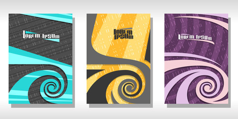 Wall Mural - Vector set of colorful Covers, 3 layouts of design brochure with spiral abstract pattern and copy space for advertising text, collection of poster templates with striped waves background for promotion