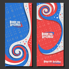 Vector vertical futuristic Banners, 2 layouts for design flyers with spiral abstract pattern and copy space for advertising text, mockup templates with blue and red waves background for presentation.