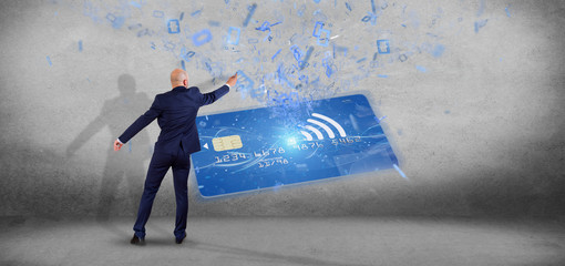 Poster - Man holding a contactless credit card payment concept 3d rendering