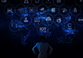 Poster - businessman working with new modern computer show social network