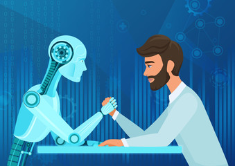 Aufkleber - Vector cartoon Human businessman office manager man vs robot artificial intelligence pulling rope competition. Near future battle.