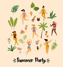 Vector Illustration Of Dancing Ladyes In Swimsuits And Tropical Palm Leaves.