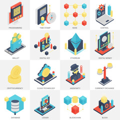 Poster - 3d vector isometric Cryptocurrency mining and Blockchain icons set.