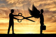 A man with big scissors in his hands intends to cut off the wings of the man in front of him