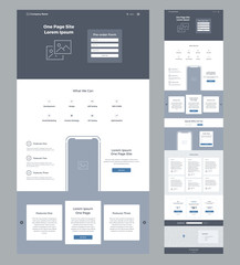 Wall Mural - One page website design template for business. Landing page wireframe. Flat modern responsive design. Ux ui website: home, features, offers, order, testimonials, prices, questions, contacts, form, map