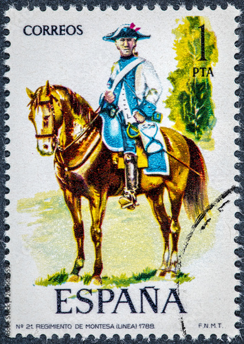 Fotografía stamp printed in Spain shows regiment of montesa 1788