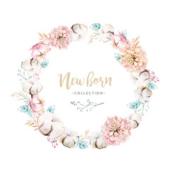 Watercolor boho floral wreath with cotton. Bohemian natural frame: leaves, feathers, flowers, Isolated on white background. Artistic decoration illustration. Save the date, weddign design