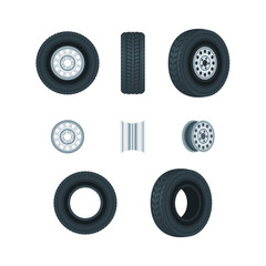 Automobile wheels, tires and discs, vector icons set. Car service design elements