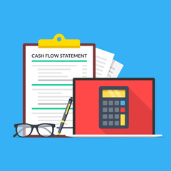 Poster - Cash flow statement. Laptop with calculator on screen, glasses, pen and clipboard with financial statement. Accounting, income calculation concept. Flat design. Vector illustration