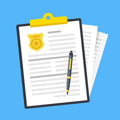 Poster - police report. traffic fine. clipboard with police badge, document and stack of papers. paperwork co