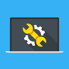 Poster - Laptop with wrench and gear on screen. Computer repair, computer maintenance. Modern flat design. Vector illustration