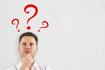 Poster - Thinking businessman with question marks