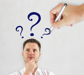 Poster - Thoughtful businessman with question marks