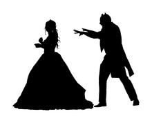 Vampire Attack Young Lady Vector Silhouette Illustration Isolated On White. Innocent Girl In Danger. Dracula Strike Woman. Halloween Scary Scene. Evil Devil Behind Princess Prepare To Neck Bite.
