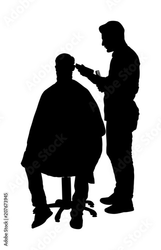 Male hairdresser holding scissors and comb vector silhouette. Man