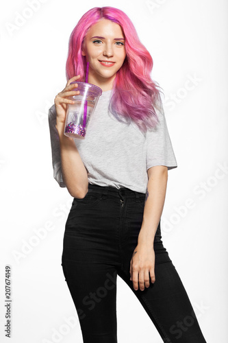 pink t shirt black jeans