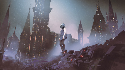 Naklejka krajobraz kobieta noc cyborg