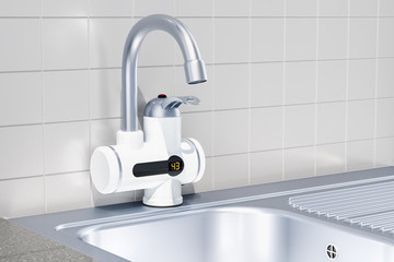 Poster - instant electric hot water heater in kitchen interior, 3d rendering