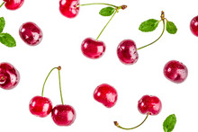 Raw Fresh Cherry With Water Drops, Simple Pattern Isolated On White Background