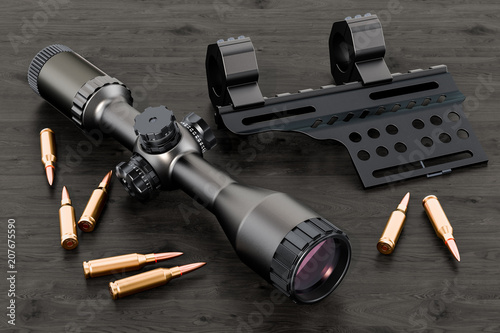 Fotomural Telescopic sight, scope with bullets and mount on the wooden table