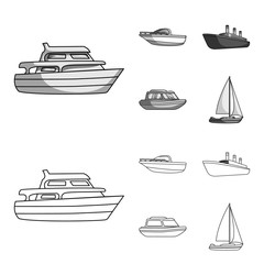 Poster - Protection boat, lifeboat, cargo steamer, sports yacht.Ships and water transport set collection icons in outline,monochrome style vector symbol stock illustration web.